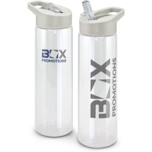 A drink bottle in clear plastic with a grey lid and built-in straw features branding on the body.