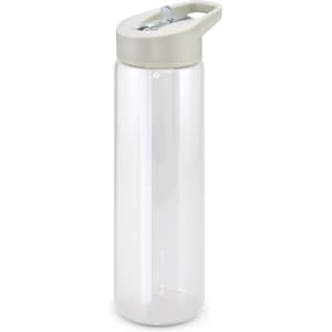 A drink bottle with a clear body and a grey lid, featuring a built-in straw and a logo.
