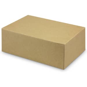 A kraft brown lunch box with a simple, rectangular design and a hinged lid. It features a clean, unbranded surface.