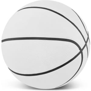 A white basketball featuring black detailing lines. The ball has a textured surface.