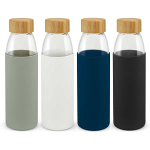 A drink bottle set featuring four glass bottles with bamboo lids and coloured silicone sleeves in grey, white, navy, and black.
