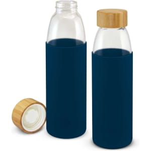 A drink bottle with a navy silicone sleeve, a glass body, and a bamboo lid, alongside an open cap.