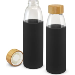 A drink bottle featuring a black silicone sleeve, a glass body, and a wooden lid, with one lid displayed separately.