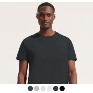 A black adult T-shirt featuring a crew neck and short sleeves, with visible branding.