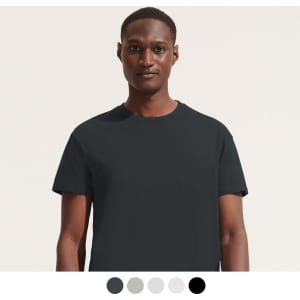 A black adult t-shirt featuring a model, with colour options displayed below.
