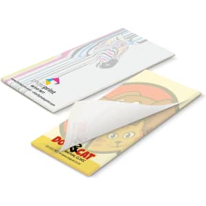 A full-colour note pad featuring a vibrant design with an animal theme on the front and a logo on the back.