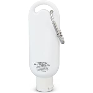 A white bottle of sunscreen with a carabiner attached, containing 50ml of SPF 50+ sunscreen lotion.