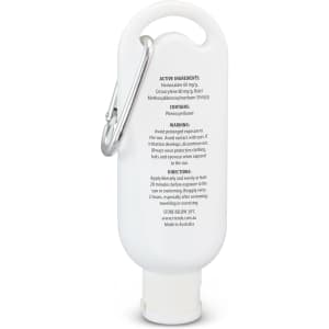 A white sunscreen bottle with a carabiner, containing SPF 50+, 50ml. It features a logo and a twist-off cap.