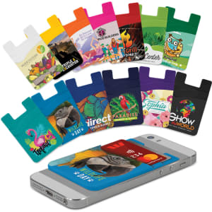 A collection of vibrant silicone phone wallets in various colours, featuring different designs and a branding logo.