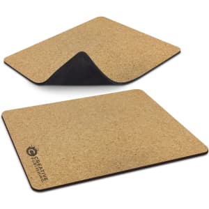 A cork mouse mat with a black underside, featuring a branding logo on one side.