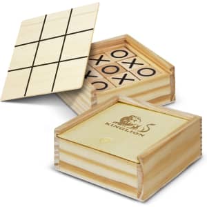 A wooden Tic Tac Toe game featuring a hexagonal box and a sliding lid with grid and X/O markers.