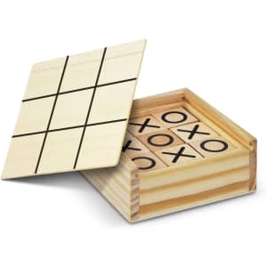 A wooden Tic Tac Toe game featuring a grid cover and pieces marked with 'X' and 'O'. The box is light brown.