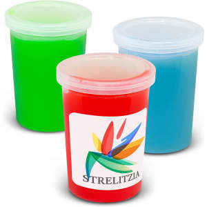 Three containers of stress slime in vibrant green, blue, and red, each with a lid and a logo on the red container.