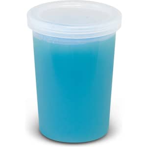 A clear container filled with blue slime, topped with a transparent lid. The product features a logo.