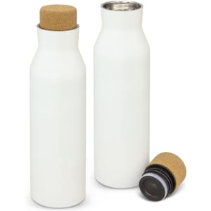 A drink bottle in white with a cork lid, featuring a sleek design and an insulated interior.
