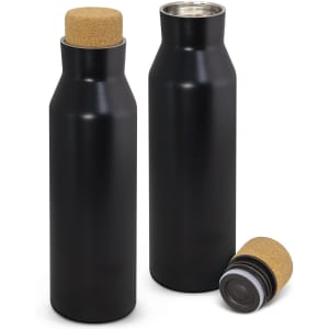 A drink bottle in matte black featuring a cork stopper and a sleek, modern design. One bottle is shown upright, another is on its side.