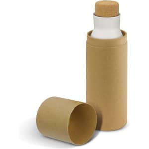 A drink bottle with a white body and cork lid, presented in a brown cardboard tube.