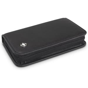 A black manicure set case with a zip closure, featuring a logo on the front.