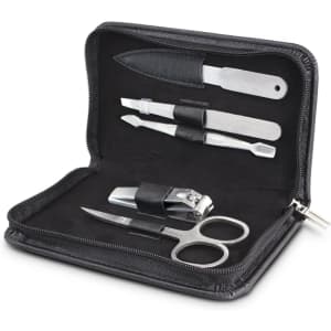 A black zippered case containing a manicure set with scissors, nail clippers, and multiple tools.