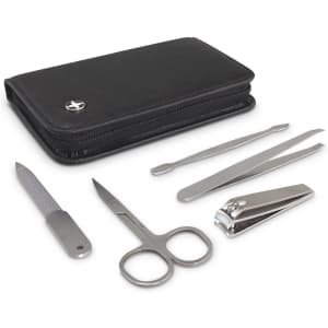 A black zippered case containing a manicure set with scissors, clippers, a file, and tweezers.