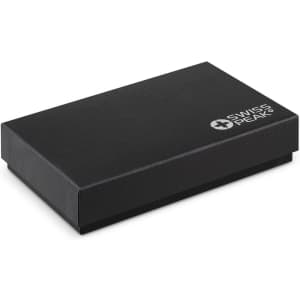 A black box containing a Swiss Peak Manicure Set, featuring a logo on the surface.