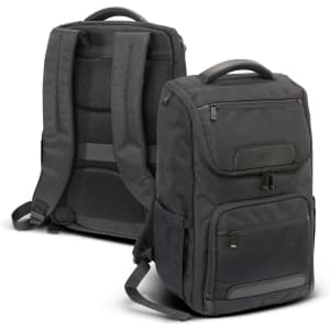 A laptop backpack in dark grey, featuring multiple compartments and padded straps, along with a branded logo.