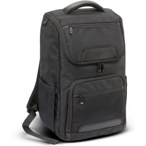 A laptop backpack in dark grey, featuring multiple compartments and a handle on top. It has a branding logo.