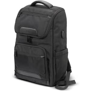 A black Swiss Peak Voyager laptop backpack with multiple zippered compartments and a padded handle.