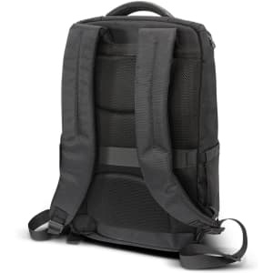 A black laptop backpack featuring padded straps and a mesh back for comfort. Includes a logo on the exterior.