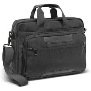 A grey laptop bag with dual handles, a shoulder strap, multiple compartments, and a logo on the front.