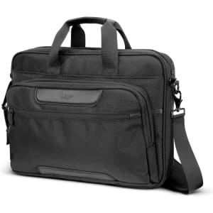 A black laptop bag with dual handles and a removable shoulder strap, featuring multiple compartments and a logo.