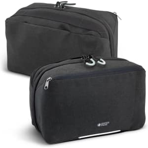 A set of two dark grey toiletry bags with zippers and a branding logo on the front.