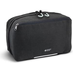 A dark grey toiletry bag with dual zippers and a branding logo, featuring a sleek and compact design.
