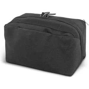 A black toiletry bag with a rectangular shape, featuring a zip closure and a textured surface. Includes a logo.