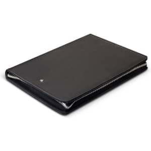 A black zippered A4 portfolio with a sleek design and a logo on the front.