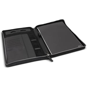 A black A4 portfolio with a zipper, featuring interior pockets and a sleek design for organisation.