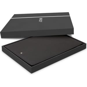 A black A4 portfolio with a zipper, presented in an elegant black box, featuring a logo on the front.