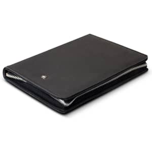 A black A5 portfolio with a zipper, featuring a logo, designed for office and business use.