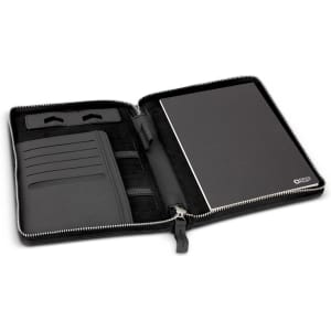 A black Swiss Peak Heritage A5 portfolio with zipper, featuring a notepad, card slots, and elastic pen holders inside.