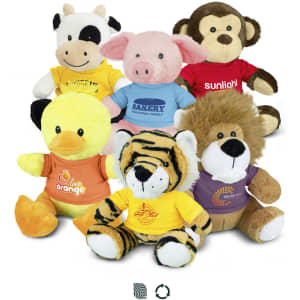 A collection of assorted plush toys, featuring a cow, pig, monkey, duck, tiger, and lion, each in colourful T-shirts.