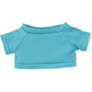 A turquoise plush toy top, featuring short sleeves and a rounded neckline, laid flat against a white background.