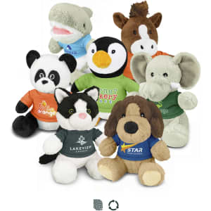 Assorted plush toys featuring various animals, including a panda, dog, elephant, and penguin, in colourful shirts.