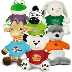 A collection of assorted plush toys in various colours, including a frog, zebra, giraffe, bear, rabbit, and wolf, each wearing T-shirts with designs.