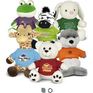 A collection of assorted plush toys including a frog, bunny, zebra, giraffe, bear, and wolf, each wearing colourful shirts.