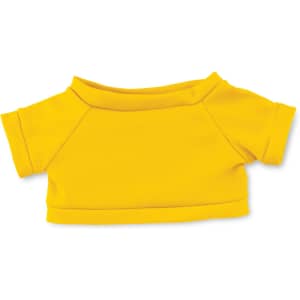 A yellow plush toy shirt with short sleeves and a round neckline, featuring a simple design. It has a soft texture.