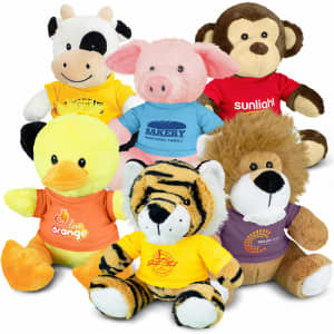Assorted plush toys in various colours, including a cow, pig, monkey, duck, tiger, and lion, wearing colourful shirts.