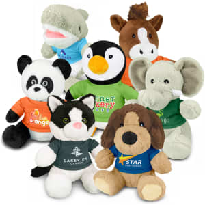 A collection of assorted plush toys including a panda, elephant, dog, and penguin in various colours and shirts.