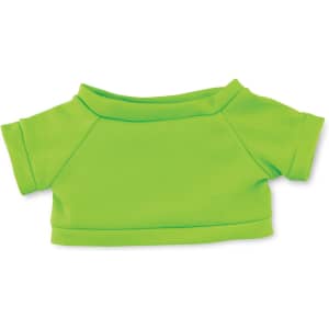 A vibrant green plush toy t-shirt with short sleeves, featuring a simple design.