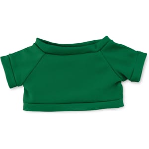 A green plush toy shirt with short sleeves and a rounded neckline. Features a simple, casual design.