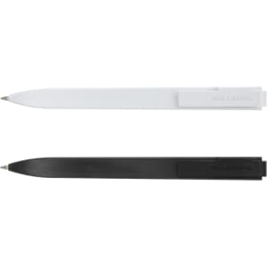 A set of two Moleskine Go Pens in black and white, featuring a branding logo on each pen.